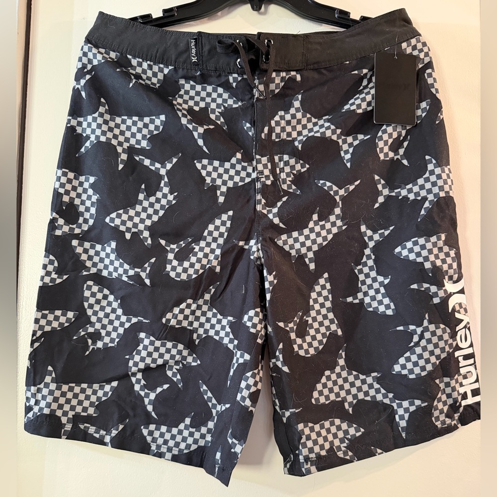 Hurley Black Swim Shorts with Gray Checker Shark Print